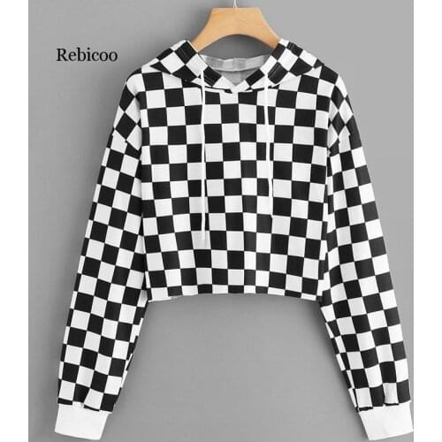 Harajuku Hoodie Sudadera Mujer 2020 Spring Sweatshirt Women Black White Plaid Short Hoodies Tops Clothes Moletom New Roupas