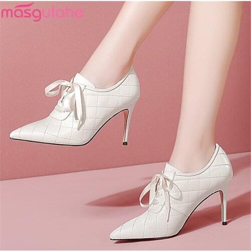 Masgulahe Ladies High Heels Shoes Genuine Leather Wpmen Pumps Fashion Lace Up Pointed Toe Office Dress Shoes Black White