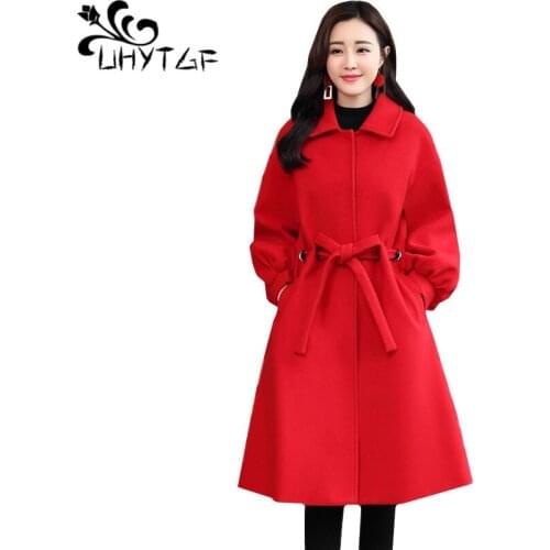 UHYTGF Winter Coat Women Fashion Wool Jacket Belt long Outerwear Long sleeves Slim Windbreaker Woolen Coat Lady High quality 838