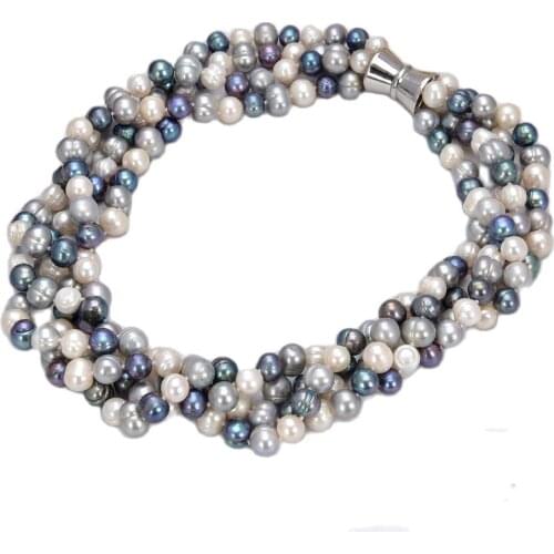 GuaiGuai Jewelry 20" 4 Strands 9-10mm White Black Round Pearl Necklace