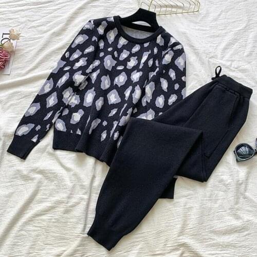 ZAWFL 2020 New fashion Autumn Winter Women Suits Leopard Knitted O-neck Pullover Sweater and Pants Two Piece Set