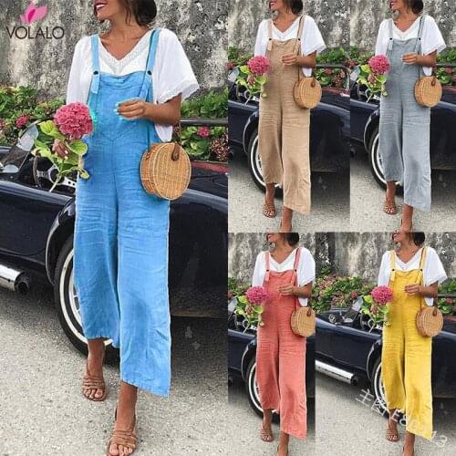 Women Fashion Sleeveless Straps Jumpsuits Summer Wide Leg Trousers Solid Linen Rompers Ladies Casual Long Pants Overalls