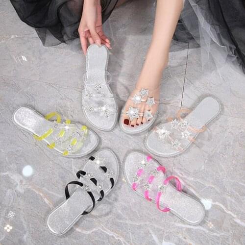 Twinkle diamond star narrow band sandals women rhinestone open toe flat heel clear jelly shoes charm crystal gladiator sandalias