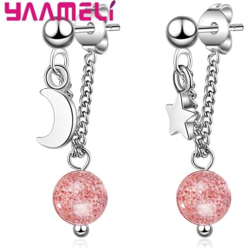 Special Dangle Drop Earrings Pure 925 Sterling Silver with Strawberry CZ Stone Women Moon/Star Asymmetric Ear Accessory Jewelry