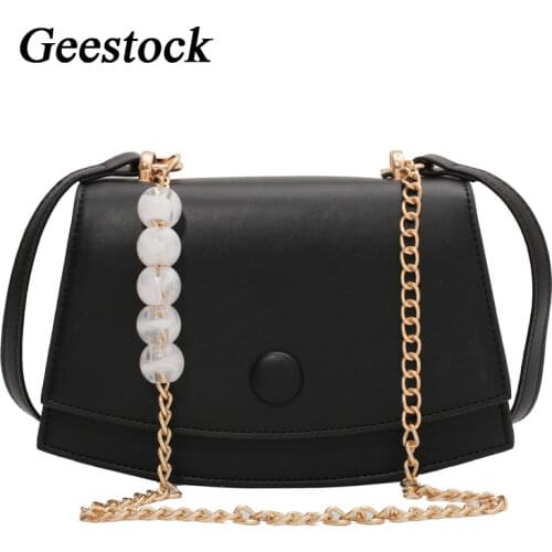 Geestock Crossbody Bags for Women Korean Style Chain Beads Leather Shoulder Bag Brand Solid Color Fashion Small Square Bags