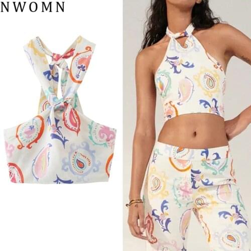 NWOMN Za White Halter Top Women 2021 Print Crop Top Female Summer Fashion Bow Knot Backless Top Woman Sleeveless Chic Tank Tops