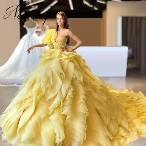 Vestidos De Fiesta 2021 Yellow Tulle Tiered Evening Dresses Long Ball Gown Arabic Evening Prom Gowns For Women Celebrity Dress