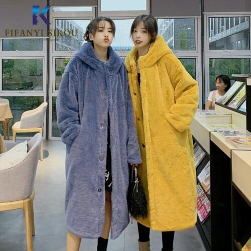 Winter Women Faux Rabbit Fur Coat Luxury Long Hooded Fur Jacket Loose Fashion Thick Warm Overcoat Plus Size Female Plush Coats