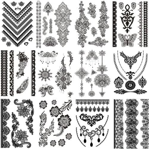 10pcs Black Flower Lace Tattoos Jewelry Tattoo Stickers Women Body Chest Art Temporary Tattoo Girl Waist Bracelet Flash Sticker