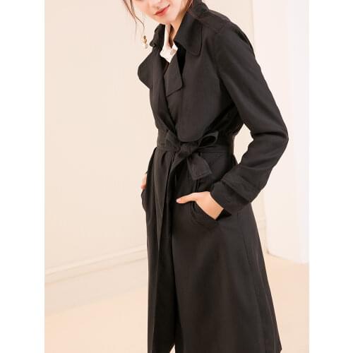 23 mm handsome heavy silk trench coat womens long spring Hong Kong wind waist tie-up suit collar women clothes