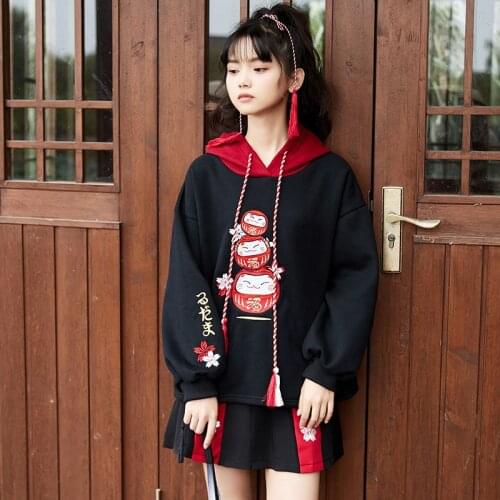 Black Fleece Hooded Sweatshirt Harajuku Chinese Embroidery Oversize Pullover Hoodies Women 2020 Winter Sweet Style Female Top