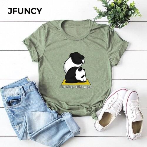 JFUNCY Plus Size Summer Womens T-shirts Cartoon Panda Print 100% Cotton T Shirt Woman Tshirt Casual Loose Female Tee Tops