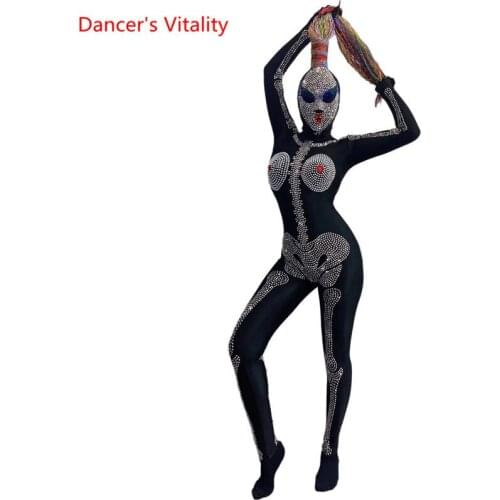 Halloween skeleton cosplay suit multicolor fake braid headdress rhinestone pattern costume female adult nightclub clothing