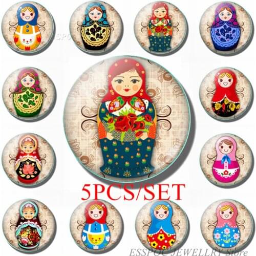 5PCS/SET Russian Doll Glass Dome Cabochon 25MM Jewelry Matryoshka Sleeve Dolls Cartoon Making Pendant Women Kids Gifts