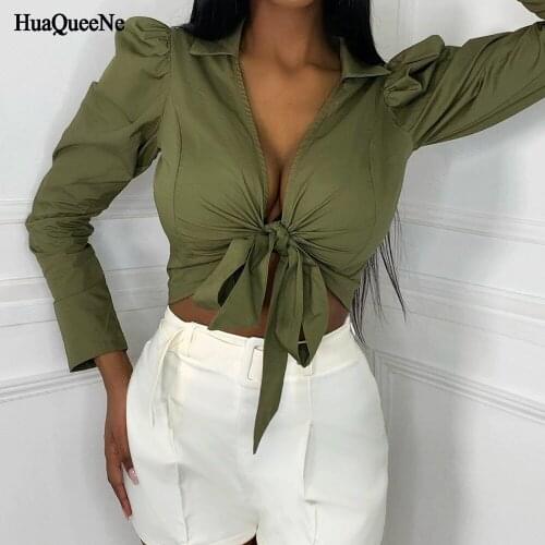 Green Fashion Shirt Solid Color Casual Top V-neck Bubble Long Sleeve Sexy Lace-up Short Top Chic Top Street Clothing Elegant