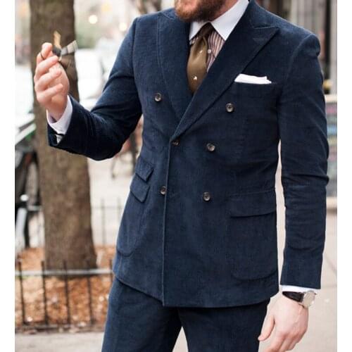 Navy Corduroy Double Breasted Suits for Men 2 Piece Casual Wedding Groom Tuxedo New Man Fashion Man Set Jacket with Pants