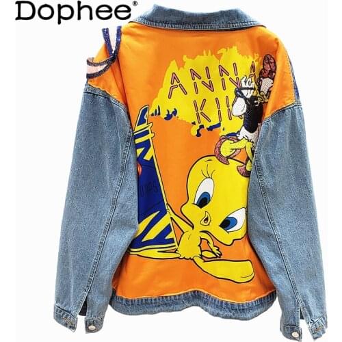 2021 Spring and Autumn New Fashion Jeans Jacket Cartoon Patch Printed Denim Coat for Women Loose Sequins Jacket All-match Top