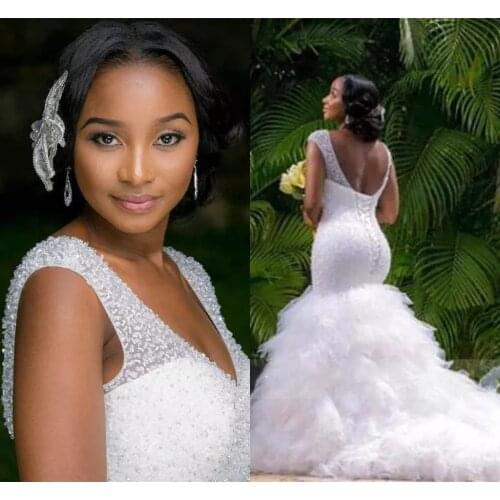 New African Style Sequin Beading Mermaid Plus Size Wedding Dress 2021 Black Girl Ruffles Tulle Bridal Gown robe de mariage