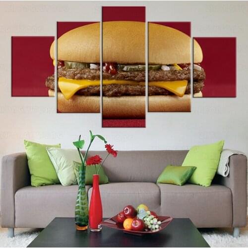 Huge Delicious Burger Posters 5 Panels Modern Home Decoration Foods Canvas Printing Hd Print Wall Art Picture For Kitchen Room