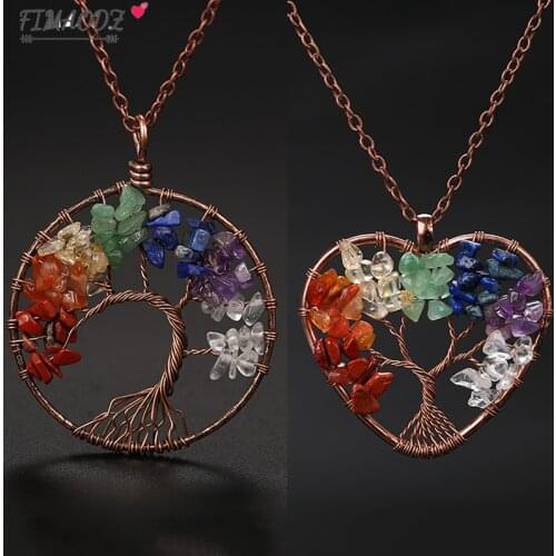 FIMAODZ Retro 7 Chakra Tree of Life Necklace Natural Stone Life Tree Reiki Healing Heart Pendant Necklaces For Men Women Jewelry