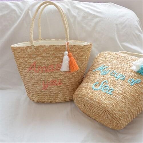 Casual tassel straw bags rattan women handbags wicker woven shoulder bags large capacity totes bucket bag summer beach purses