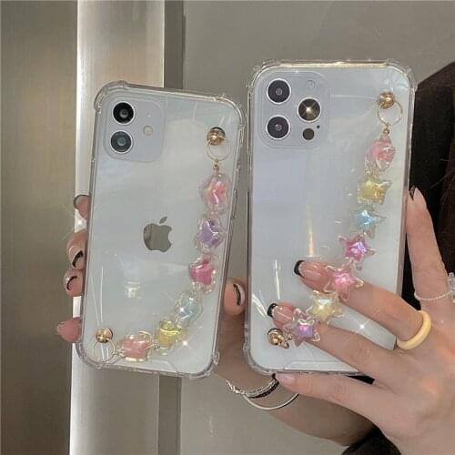 For iPhone 12 11 Pro Max Mini Xs Max Xr Cute Candy Color Star Wrist Chain Hand Strap For 7 8 Plus SE 2020 Clear Shockproof Cover