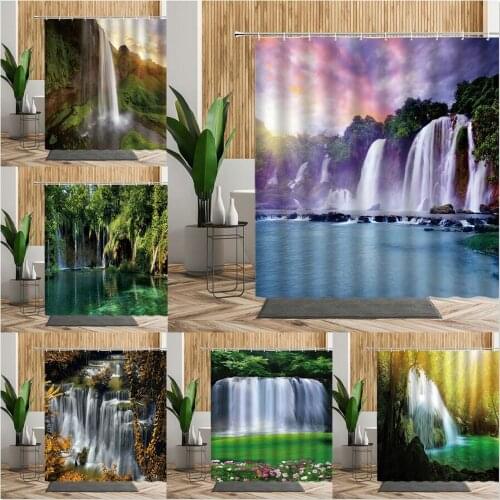Waterfall Landscape Shower Curtains Natural Forest Scenery Bathroom Decors Living Room Hanging Cloth With Hook Home Bath Curtain