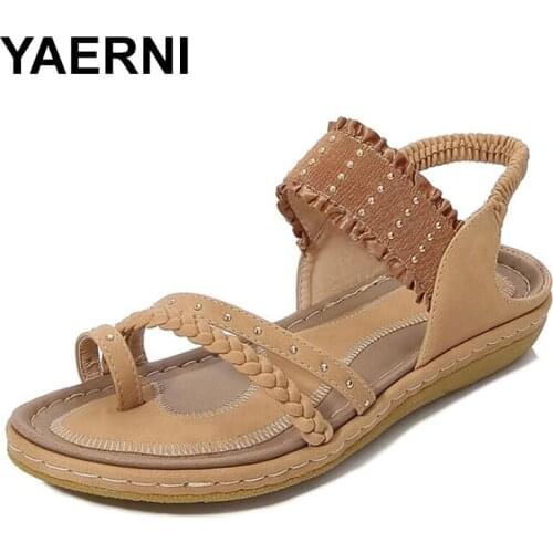 YAERNI Summer Shoes Women Bohemia Sandals Flat Non-slip Summer Beach Shoes Fashion Women Sandals Plus Size 43