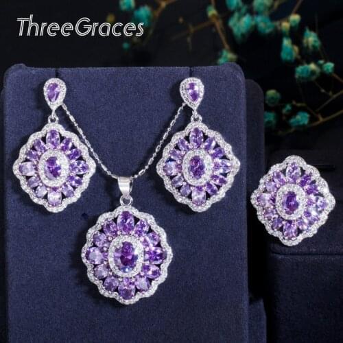 ThreeGraces Romantic Purple Crystal Round Cubic Zirconia Earrings Pendant Necklace Rings for Women Party Banquet Jewerly JS512