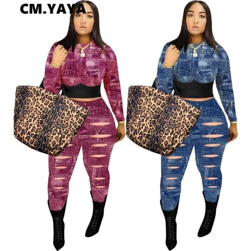 CM.YAYA Active Fake Jeans Two 2 Piece Set for Women Fall Winter Fitness Outfit Long Sleeve Tee Top + Legging Pants Set Tracksuit