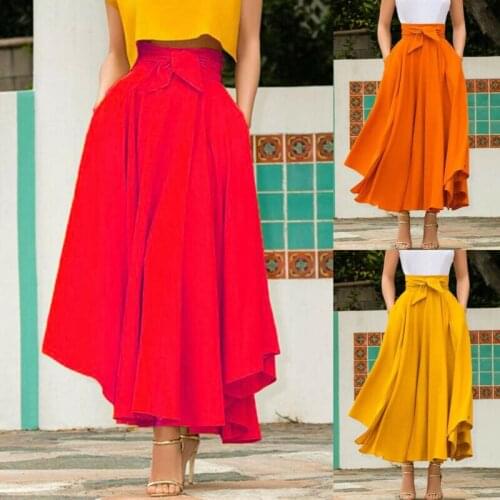 Womens Pleated Long Skirts Cocktail Party High Waist Solid Bowknot Elastic Gypsy Costume Flared Swing Plain Skirt