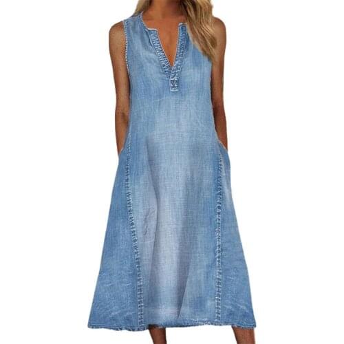 Sexy fashion Sleeveless V Neck Denim Dress Shrink-resistant Pockets Large Hem Women Midi Dress Streetwear vintage Washed Denim