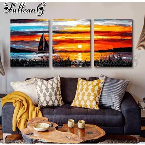 FULLCANG 5d diy diamond embroidery abstract sailing landscape painting triptych full square round drill home decoration FC3470