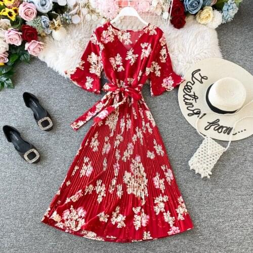 Boho A-line V Neck Floral Print Summer Bandage Dress Mid-calf Chiffon Party Women Casual Elegant Pleated Beach Holiday Dresses