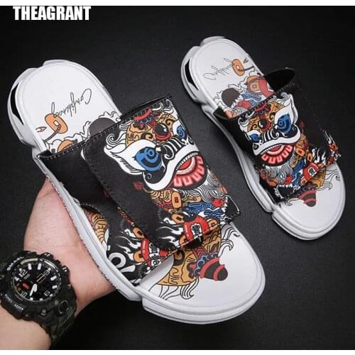 THEAGRANT Summer Men Shoes Chinese Traditional Totem 2021 Fashion Summer Beach Slippers Slide Sandals Man Casual Flats MSL3006