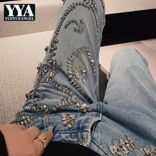 Fashion Diamonds High Waist Jeans Women Spring New Loose Straight Denim Trousers Female Thin Casual Office Lady Blue Pants