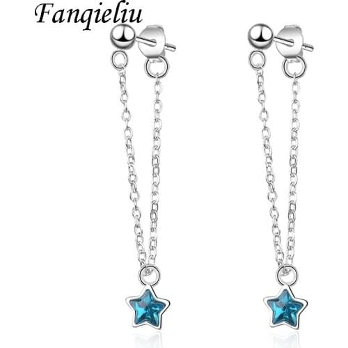Fanqieliu 925 Sterling Silver Drop Earrings Women Blue Crystal Star Double Long Tassel Dangles Jewelry For Anniversary FQL21049