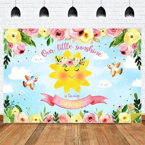 Our Little Sunshine is Turning One Backdrop 1st Birthday Dessert Table Photo Background Newborn Birds Blue Sky Cloud Photoshoot