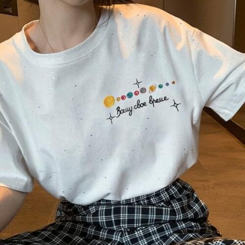 T-shirt Women Short Sleeve Planet Embroidery Loose Tops Womens Fashion Summer Tees Female Harajuku All-match Female Clothing