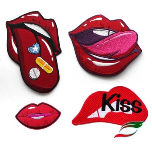 Adhesive embroidery DIY cloth stickers punk lips red tongue KISS clothes patch DIY accessories embroidery A210