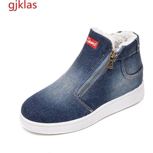 Short Plush Denim Canvas Platform Boots High Top Winter Shoes for Women Vulcanized Shoes Solid Color Plus Size Chunky Sneakers