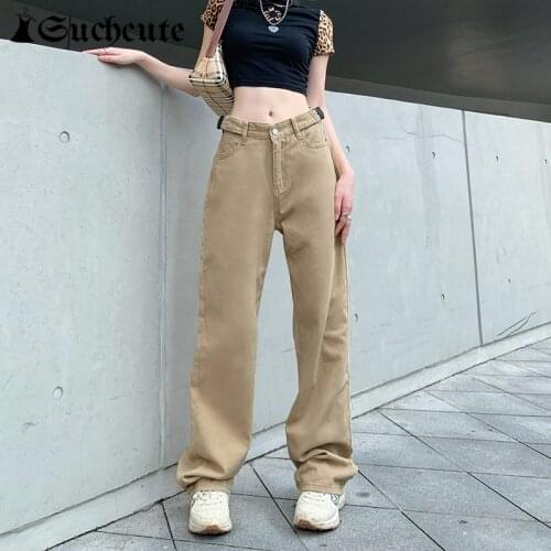 SUCHCUTE Kahaki Denim Trousers Women Hight Waist Casual Baggy Jeans Streetwear Fashion Girls Korean Wide Leg Pants Harajuku 90s