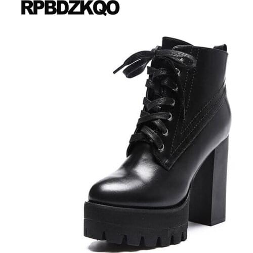 Fashion Waterproof Black Booties Women Extreme Autumn Chunky Fetish Ankle Lace Up Shoes High Heel Gothic Platform Boots Punk