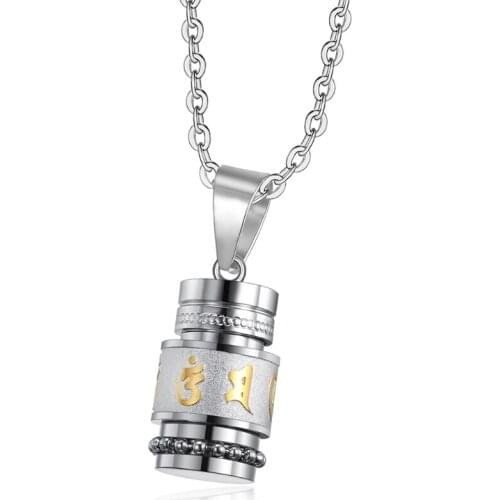 White Stainless Steel Openable Buddhist Mantra Prayer Wheel Pendant Necklace T21F