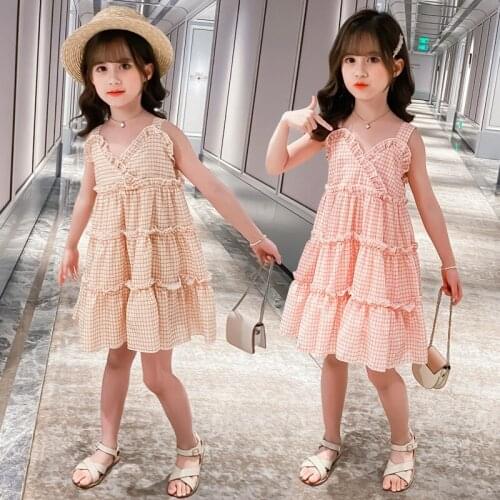 Girls Dress 2020 Summer Children Clothing Fashion Suspender Sleeveless Dress Kids Cute Pink Plaid Princess Dress Vestidos