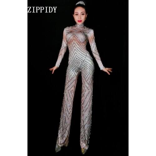 Silver Sparkly Rhinestones Jumpsuit Big Legs Bodysuit Womens Celebrate luxurious Stage Costume Legging