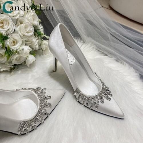 Wedding Shoes 2021 New White Satin Main Dress Bride Shoes Tassel Rhinestone Banquet Bridesmaid High Heels Customize 3cm Heels