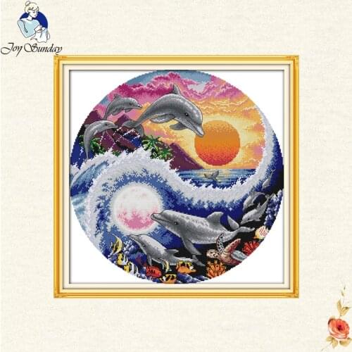 Joy Sunday Moon and dolphins Cross Stitch 11CT 14CT DIY Cross Stitch Kits The scenery DMC Embroidery Needlework Decoration Gift
