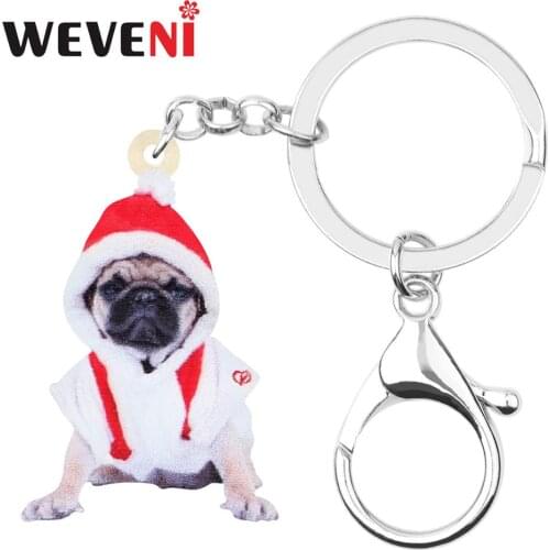 WEVENI Acrylic Christmas Costume Pug Dog Key Chains Animal Key Rings Car Purse Bag Decorations Keychains For Women Girl Men Gift