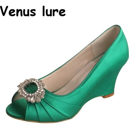Handmade Green Satin Peep Toe Wedge for Wedding 3 Inch Women Bridesmaid